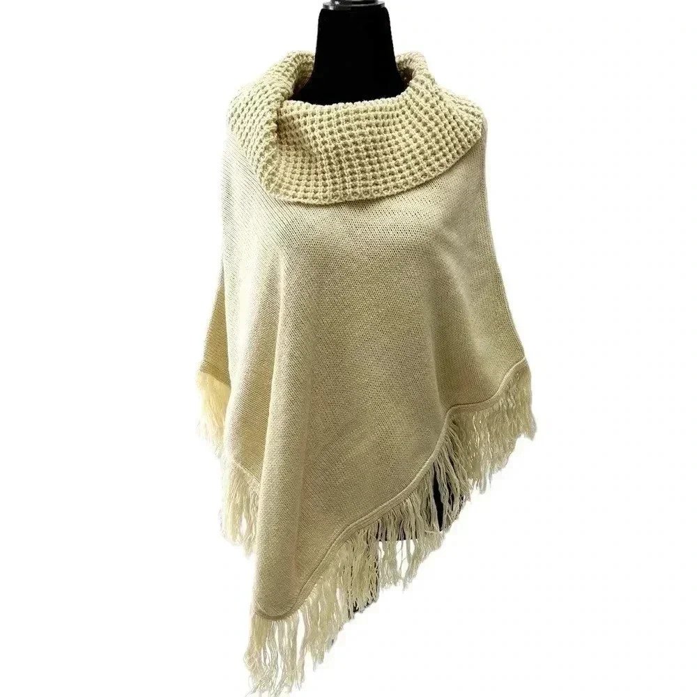 Vintage Poncho Fringe Trim Knit Pullover Sweater Shawl Light Tan Beige Small